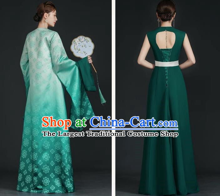 China Style Top Catwalk Evening Dress Trailing Long Model Team Stage Performance Clothing Art Test Dress Green