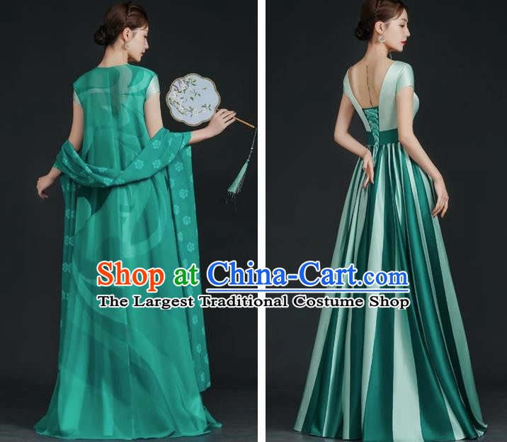 China Style Top Catwalk Evening Dress Trailing Long Model Team Stage Performance Clothing Art Test Dress Green