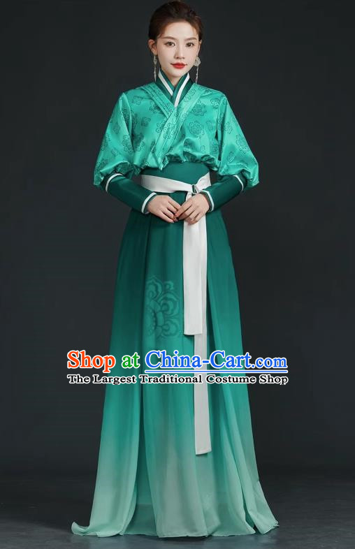 China Style Top Catwalk Evening Dress Trailing Long Model Team Stage Performance Clothing Art Test Dress Green