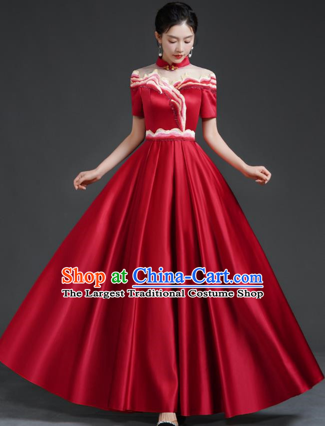 Chinese Banquet Evening Dress Choir Stage Model Catwalk Costume Wine Red