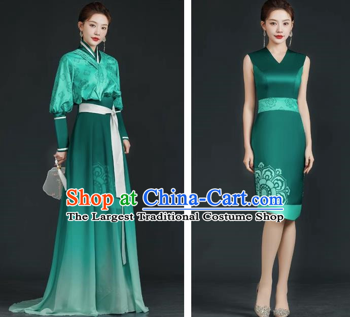 China Style Top Catwalk Evening Dress Trailing Long Model Team Stage Performance Clothing Art Test Dress Green