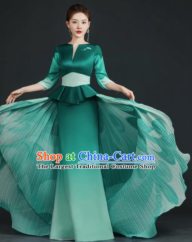 China Style Top Catwalk Evening Dress Trailing Long Model Team Stage Performance Clothing Art Test Dress Green