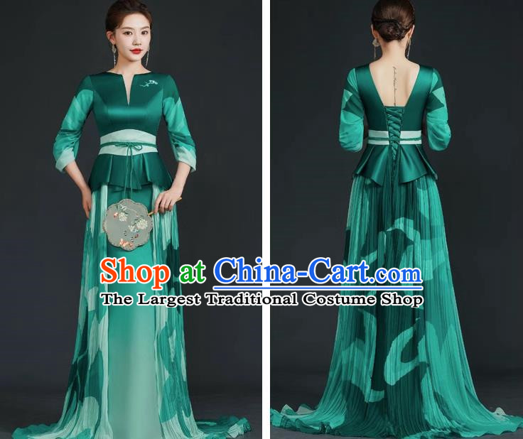 China Style Top Catwalk Evening Dress Trailing Long Model Team Stage Performance Clothing Art Test Dress Green