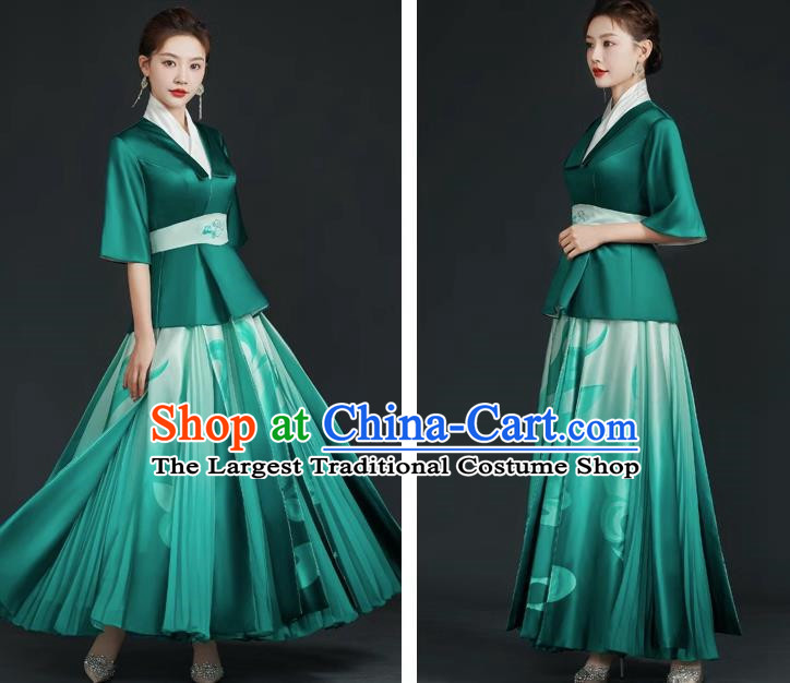 China Style Top Catwalk Evening Dress Trailing Long Model Team Stage Performance Clothing Art Test Dress Green