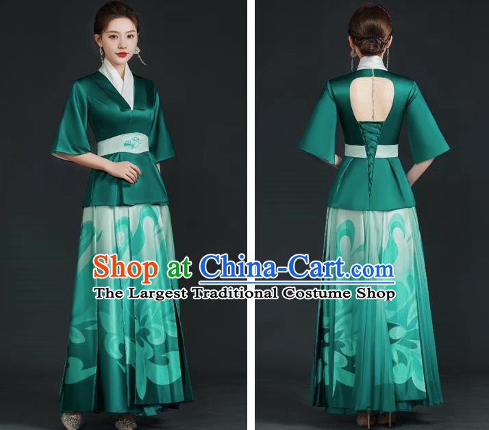 China Style Top Catwalk Evening Dress Trailing Long Model Team Stage Performance Clothing Art Test Dress Green