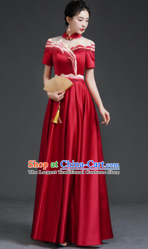 Chinese Banquet Evening Dress Choir Stage Model Catwalk Costume Wine Red