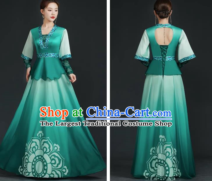 China Style Top Catwalk Evening Dress Trailing Long Model Team Stage Performance Clothing Art Test Dress Green