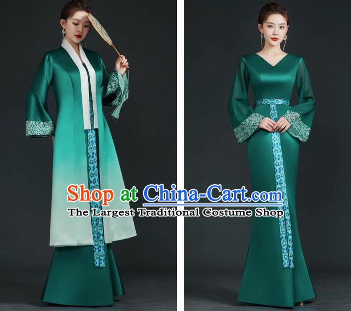 China Style Top Catwalk Evening Dress Trailing Long Model Team Stage Performance Clothing Art Test Dress Green