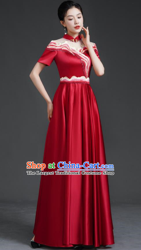 Chinese Banquet Evening Dress Choir Stage Model Catwalk Costume Wine Red