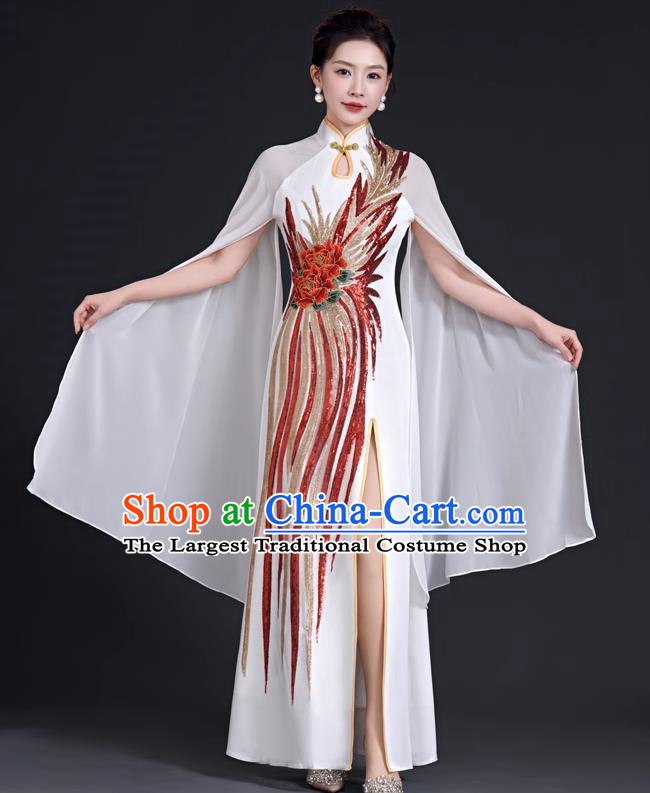 Chinese Style Top Evening Dress Mermaid Long Model Team Stage Catwalk Costume Cheongsam White