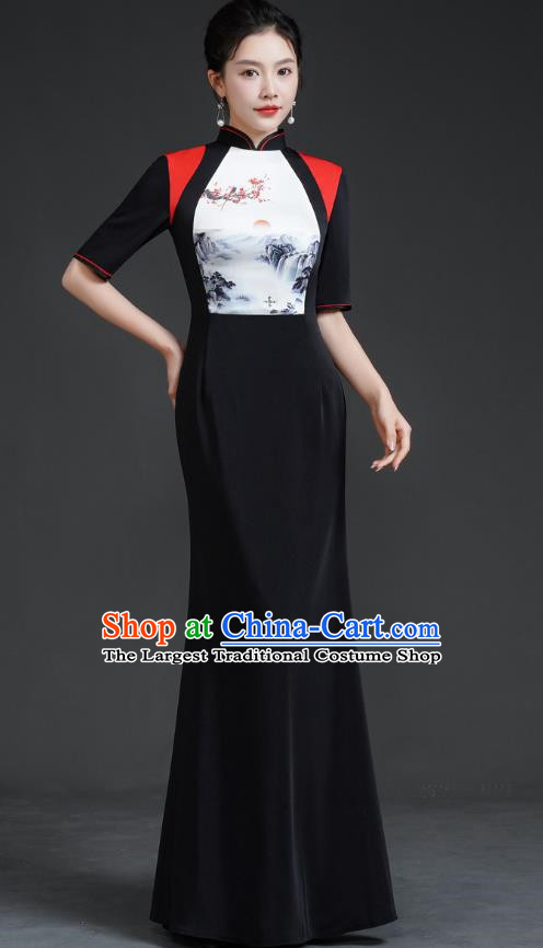 Chinese Catwalk Style Cheongsam Long Black Fishtail Slim Stage Performance Costume Banquet Evening Dress