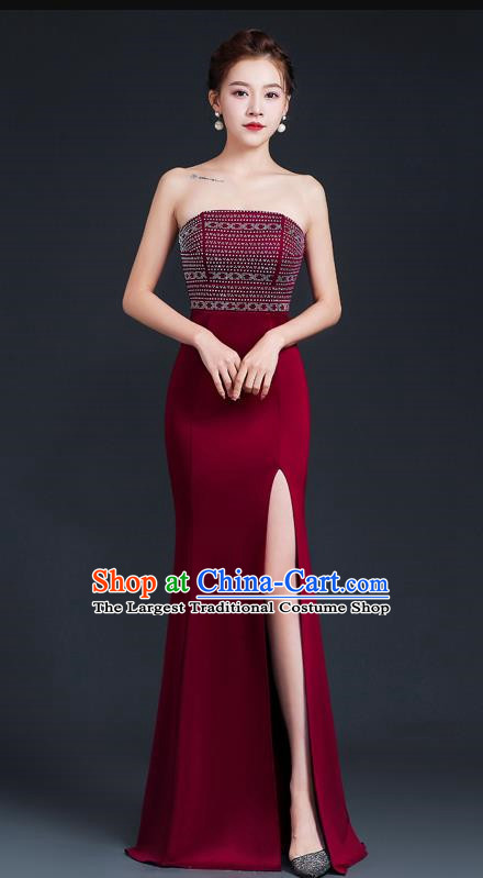 Sexy Wine Red Banquet Tube Top Evening Dress Women High Level Fishtail Dress Skirt