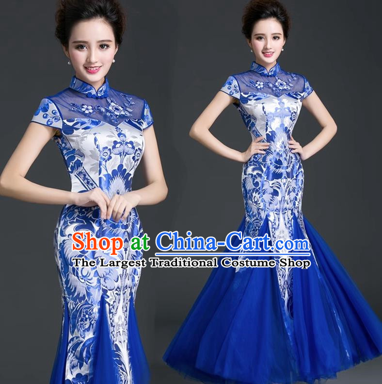 Chinese Style Cheongsam Evening Dress Long Fishtail Self Cultivation Annual Meeting Model Catwalk Costume Blue And White Porcelain