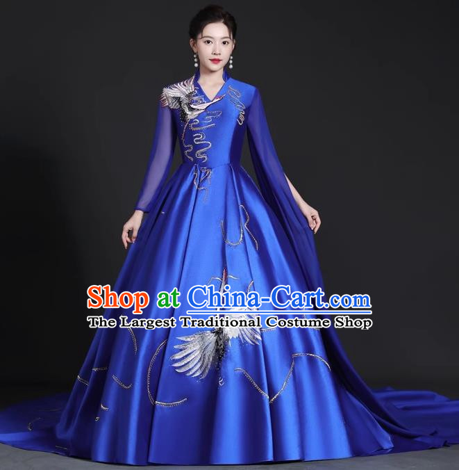 Chinese Style Top Trailing Evening Dress Model Catwalk Cheongsam Performance Costume Guzheng Playing Host Dress Blue