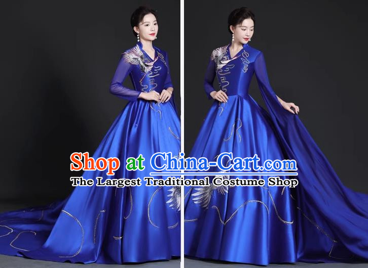 Chinese Style Top Trailing Evening Dress Model Catwalk Cheongsam Performance Costume Guzheng Playing Host Dress Blue