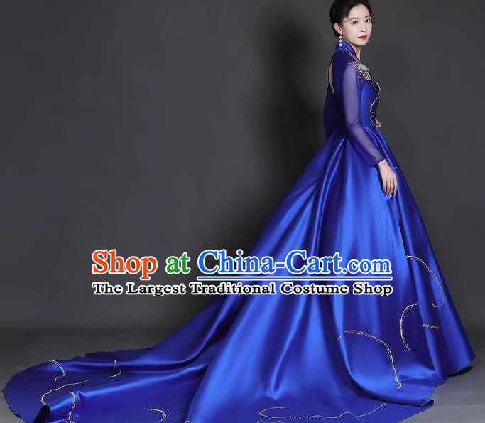 Chinese Style Top Trailing Evening Dress Model Catwalk Cheongsam Performance Costume Guzheng Playing Host Dress Blue