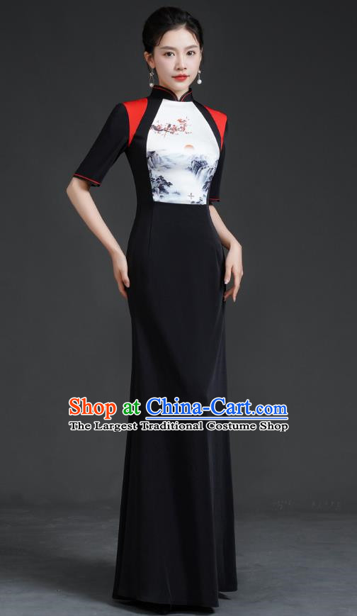 Chinese Catwalk Style Cheongsam Long Black Fishtail Slim Stage Performance Costume Banquet Evening Dress