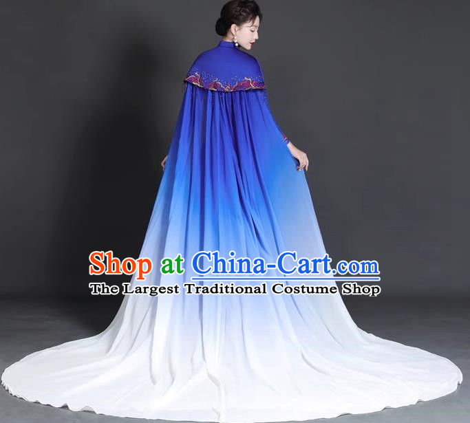 Chinese Style Top Trailing Evening Dress Model Catwalk Cheongsam Performance Costume Guzheng Playing Host Dress Blue