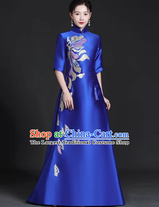 Chinese Style Top Trailing Evening Dress Model Catwalk Cheongsam Performance Costume Guzheng Playing Host Dress Blue