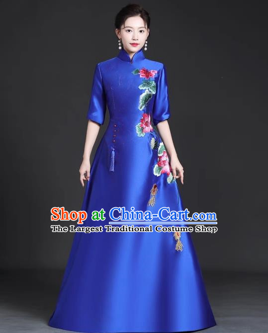 Chinese Style Top Trailing Evening Dress Model Catwalk Cheongsam Performance Costume Guzheng Playing Host Dress Blue