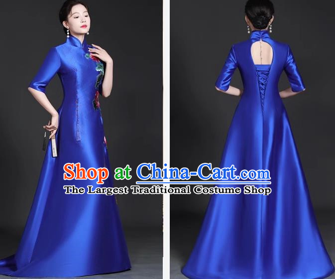 Chinese Style Top Trailing Evening Dress Model Catwalk Cheongsam Performance Costume Guzheng Playing Host Dress Blue