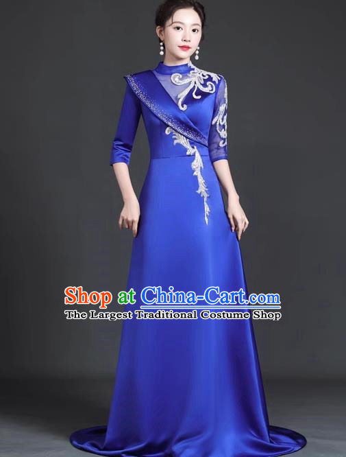 Chinese Style Top Trailing Evening Dress Model Catwalk Cheongsam Performance Costume Guzheng Playing Host Dress Blue