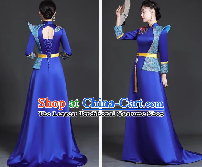 Chinese Style Top Trailing Evening Dress Model Catwalk Cheongsam Performance Costume Guzheng Playing Host Dress Blue