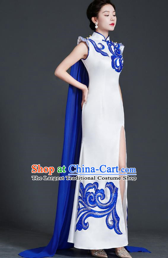 Chinese Style Top Cheongsam Dress Cape Long Fishtail Slim Model Catwalk Costume Blue And White