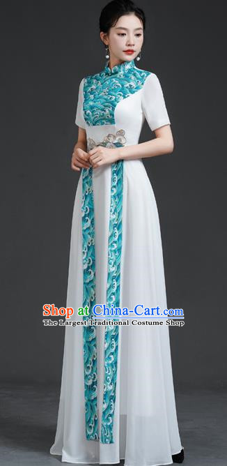 Chinese Style Top Retro Banquet Evening Dress Long White Large Chorus Model Catwalk Costume Chiffon Skirt