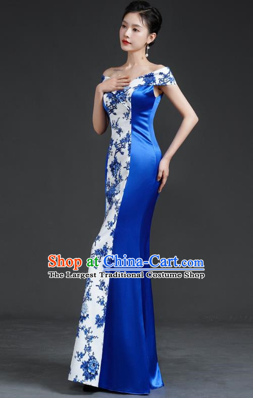 Chinese Retro Blue And White Porcelain Catwalk Cheongsam Performance Costume Long Fishtail Slim Top One Shoulder Evening Dress