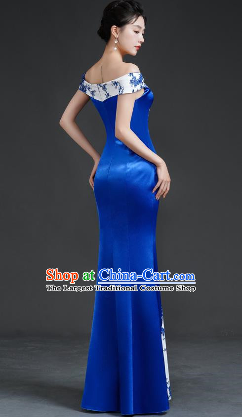 Chinese Retro Blue And White Porcelain Catwalk Cheongsam Performance Costume Long Fishtail Slim Top One Shoulder Evening Dress