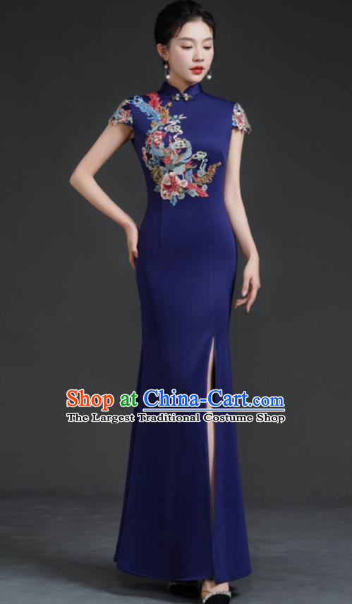 Chinese Fishtail Slit Cheongsam Long Dress Navy Blue Model Catwalk Stage Costume