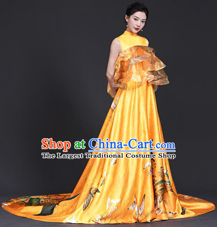 Chinese Style Top Big Tail Dress To Host The Banquet Dress Art Test Model Catwalk Show Exaggerated Performance Dress Skirt Self Cultivation