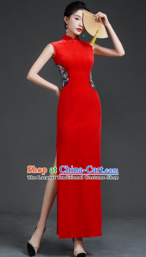 Top Long Catwalk Cheongsam Red Velvet Mother Dress Wedding Dress Model Team Stage Costume