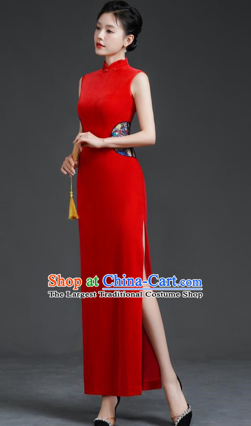 Top Long Catwalk Cheongsam Red Velvet Mother Dress Wedding Dress Model Team Stage Costume