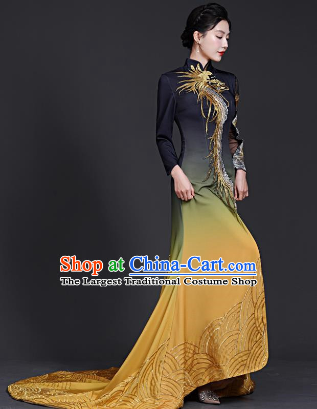 Chinese Style Top Banquet Evening Dress Trailing Long Stage Model Catwalk Cheongsam Costume Fishtail Slit