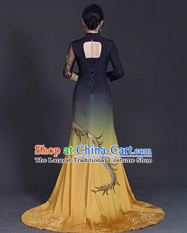 Chinese Style Top Banquet Evening Dress Trailing Long Stage Model Catwalk Cheongsam Costume Fishtail Slit