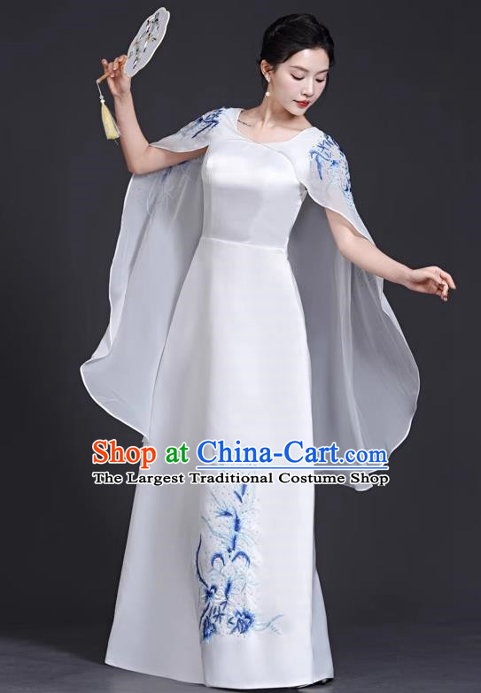 Top Chinese Style Blue And White Porcelain Cheongsam Adult Guzheng Performance Clothing Elegant Model Catwalk White Dress