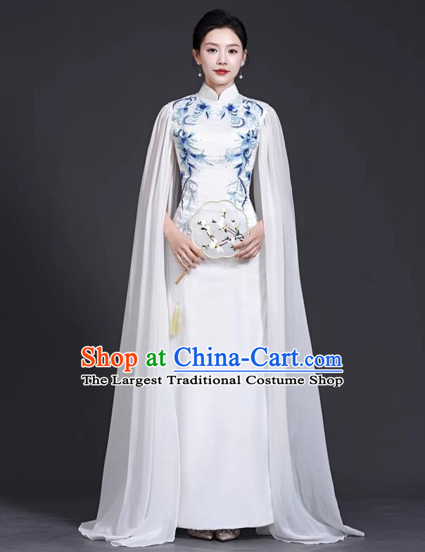 Top Stage Catwalk Costumes Long Guzheng Water Sleeve Dance Blue And White Porcelain Cheongsam Chinese Style White Dress Embroidery