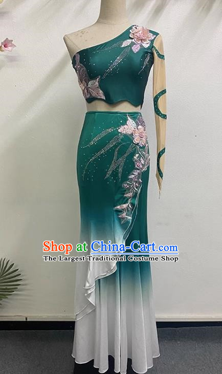 Dark Green Dai Dance Performance Costume Custom Made Self Cultivation Fishtail Swing Peacock Dance Art Test Practice Stage Performance Costume