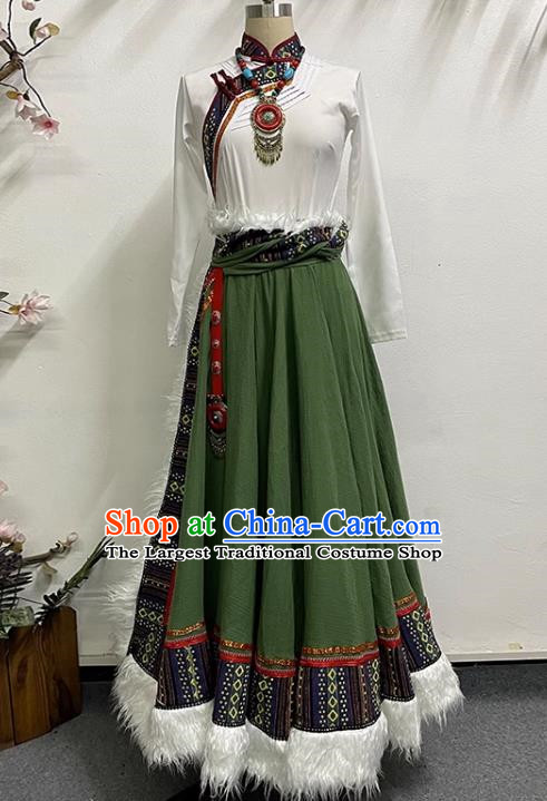 White and Green Tibetan Dance Women Large Swing Skirt Tibetan Clothing Minority Practice Clothing Art Test Practice Performance Clothing