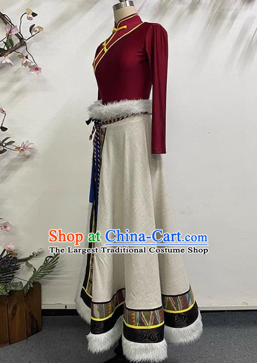 Red and White Tibetan Dance Women Big Swing Skirt Tibetan Clothing Minority Practice Clothing Art Test Practice Performance Clothing