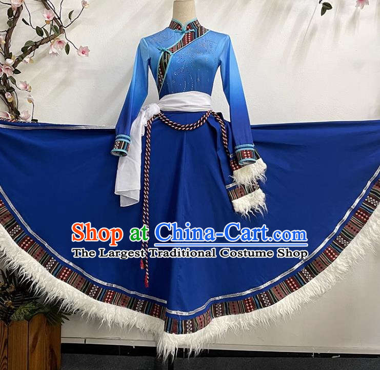 Dark Blue Tibetan Dance Women Big Swing Skirt Tibetan Clothing Ethnic Minority Practice Clothing Art Test Practice Performance Clothing