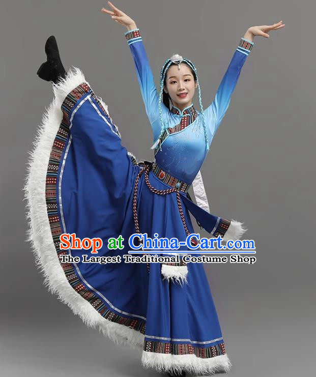 Dark Blue Tibetan Dance Women Big Swing Skirt Tibetan Clothing Ethnic Minority Practice Clothing Art Test Practice Performance Clothing