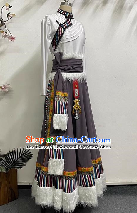 White Brown Tibetan Dance Women Large Swing Skirt Tibetan Clothing Minority Practice Clothing Art Test Practice Performance Clothing