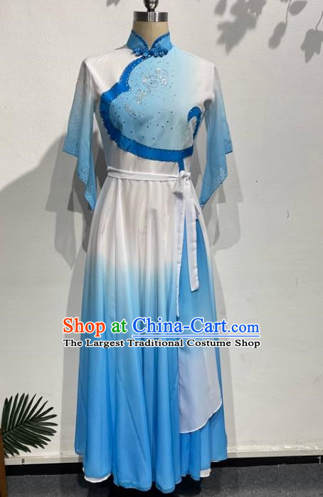 Blue Dance Students Such As Summer Flowers with Dress Fan Dance Practice Skills Examination Jiaozhou Yangko Dance Costumes Performance Costumes