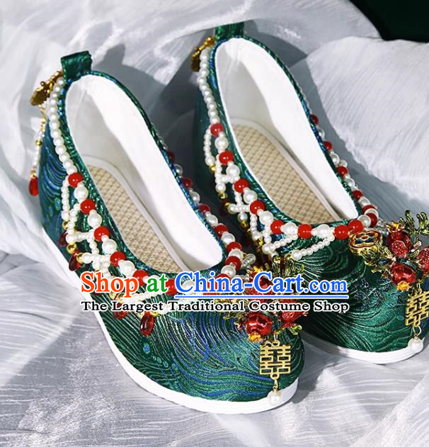 Handmade Beaded Hanfu Shoes Women Inner Increase High School Heel Cloth Shoes Ancient Costume Xiuhe Wedding Shoes Green