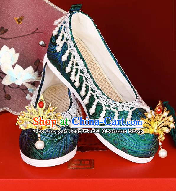 Handmade Beaded Hanfu Shoes Women Inner Increase High School Heel Cloth Shoes Ancient Costume Xiuhe Wedding Shoes Green