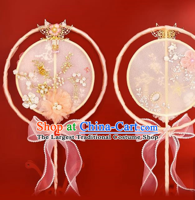 Pink Group Fan Ancient Fan Semi Transparent Long Handle Tassel Dance Fan Female Ancient Costume Hanfu