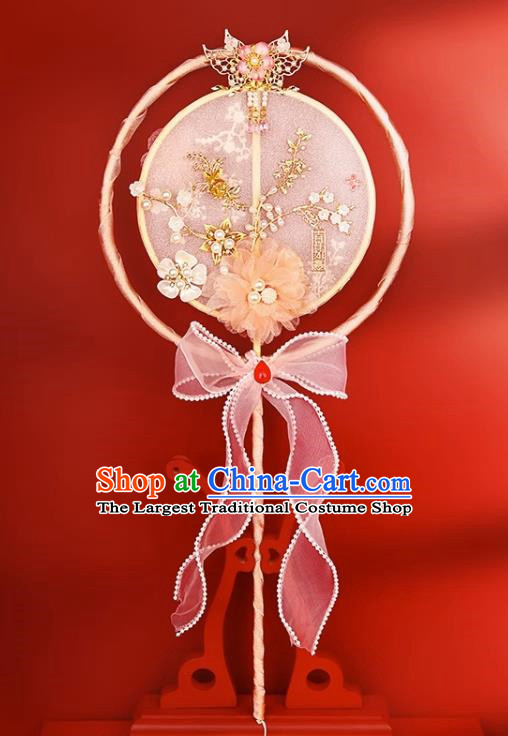 Pink Group Fan Ancient Fan Semi Transparent Long Handle Tassel Dance Fan Female Ancient Costume Hanfu